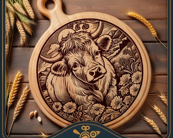 Round Cutting board SVG / charcuterie board laser file: Highland Cow - Chopping Board Design file for laser engraving