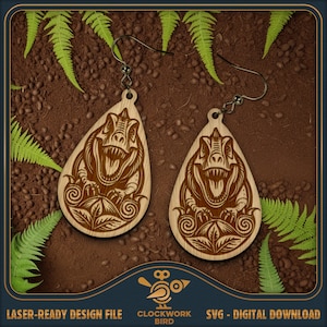 Pendientes de dinosaurio T-Rex SVG - Pendientes colgantes, diseño de pendientes colgantes - Archivo láser único para cortar y grabar