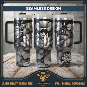 File laser SVG per involucro per tumbler senza cuciture con fiore di loto - Design con motivo in stile vintage per incisione laser di tumbler da 40 once