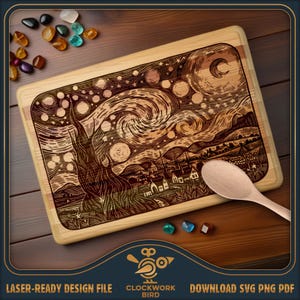 May include: A rectangular wooden cutting board featuring a laser-engraved depiction of a swirling night sky with a crescent moon, stars, and a village landscape. A light-colored wooden spoon rests on the board, surrounded by small colorful stones.