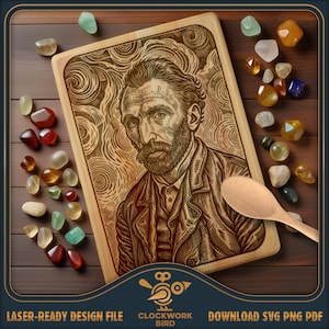 May include: A rectangular wooden cutting board featuring a laser-engraved portrait of a bearded man with swirling patterns in the background. The board is surrounded by various small, polished, multi-colored gemstones and a single wooden spoon.