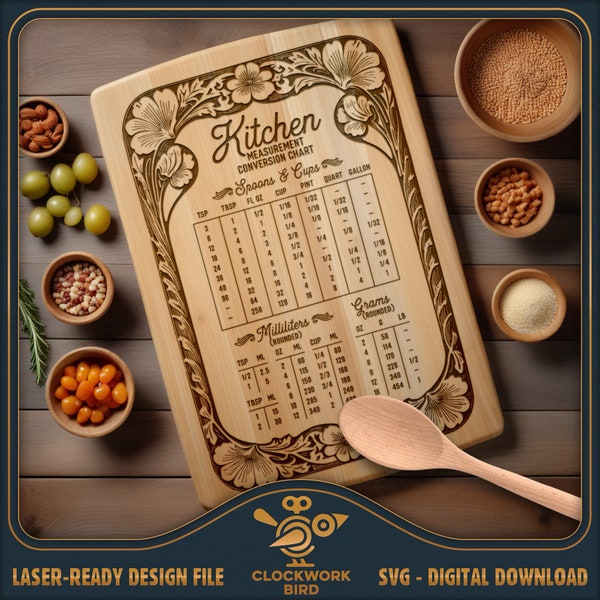 Kitchen Conversion Chart Cutting Board SVG - Charcuterie board laser file - Vintage style design for laser engraving