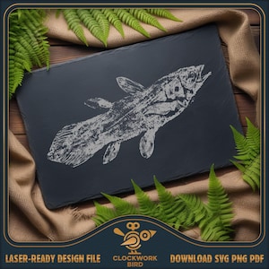 May include: A rectangular black slate board featuring a detailed, light gray etched illustration of a coelacanth fish positioned diagonally across the center. The surface of the slate has a natural, slightly uneven texture with rough edges.