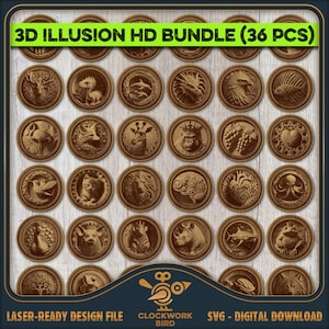 Lot 3D Illusion HD : 36 fichiers laser haute résolution pour plaques/sous-verres SVG illusion 3D prêts pour le laser pour une gravure fine en relief