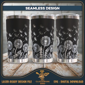 Könnte beinhalten: Drei zylindrische Becher mit schwarzem Hintergrund und einer weißen Strichzeichnung von Löwenzahnblüten und fliegenden Samen. Der Text SEAMLESS DESIGN, LASER-READY DESIGN FILE und CLOCKWORK BIRD SVG - DIGITAL DOWNLOAD ist sichtbar.