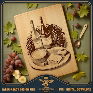 Tabla de cortar SVG / archivo láser de tabla de charcutería: Naturaleza muerta con vino, uva y queso - diseño para corte y grabado por láser