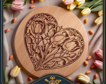 Cutting board SVG / round charcuterie board laser file: Tulip Valentine heart - Chopping Board / Lazy Susan Design / laser engraving file