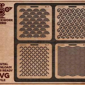 May include: Four digital download SVG files for laser cutting. Each file features a different geometric pattern inspired by Japanese Sashiko embroidery. The patterns include waves, circles, and a traditional Sashiko design. The text "SASHIKO" and "刺し子" are visible on each file.