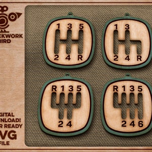 May include: Four wooden gear shift SVG files with a green border. The gear shift patterns are labelled with numbers and letters. The image also includes the text "CLOCKWORK BIRD" and "DIGITAL DOWNLOAD! LASER READY SVG FILE".