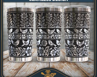 Tumbler SVG File: Folk Art Birds Wrap - Vintage Laser Engraving