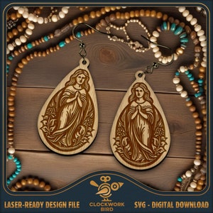 Orecchini della Vergine Maria SVG - Orecchini pendenti, design di orecchini pendenti - File laser unico per taglio e incisione