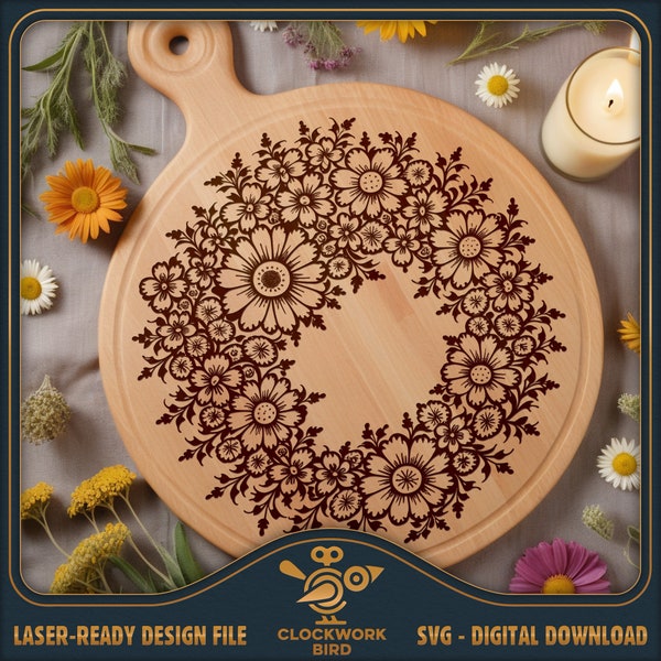 Charcuterie board SVG: Contemporary Flowers - Lazy Susan / Circle / round cutting board design laser file for cutting and engraving