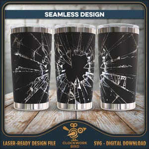 May include: Three cylindrical tumblers featuring a seamless design of shattered glass in white against a solid black background. The tumblers have metallic silver rims at the top and bottom. The text SEAMLESS DESIGN appears at the top.