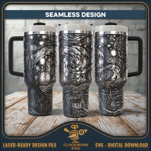 May include: Three stainless steel tumblers with handles and white lids, featuring a black and silver engraved Starry Night design. The text SEAMLESS DESIGN, LASER-READY DESIGN FILE, CLOCKWORK BIRD, and SVG - DIGITAL DOWNLOAD are visible on the image.