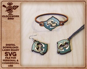Playing Dolphins Wooden Jewelry Set (Bracelet, Earrings, Pendant SVG)