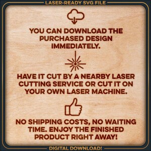 text and icons that provide instructions for using a purchased design, cutting it by a nearby laser cutting service, or cutting it on a personal laser machine. It also mentions shipping costs, waiting time, and the enjoyment of the finished product.