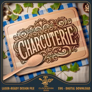Planche de charcuterie SVG / Fichier laser de planche à découper victorienne - conception de style vintage pour la gravure au laser