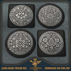 Könnte beinhalten: Vier schwarze Untersetzer, zwei quadratisch und zwei rund, mit detaillierten, weiß lasergravierten Blumen- und Rankenmustern. Die Designs sind symmetrisch, zentriert und mit Blättern und Blüten verziert. Der Text unten lautet LASER-READY DESIGN FILE CLOCKWORK BIRD DOWNLOAD SVG PNG PDF.