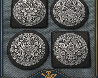 Juego de posavasos con motivos renacentistas: pizarra rústica, grabado floral.
