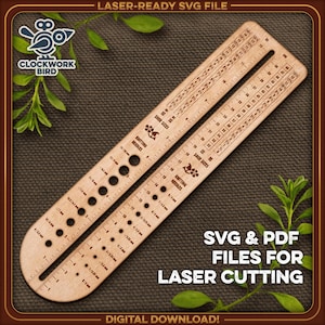 Sock knitting ruler design with knitting needle gauge - SVG file for laser cutting and engraving