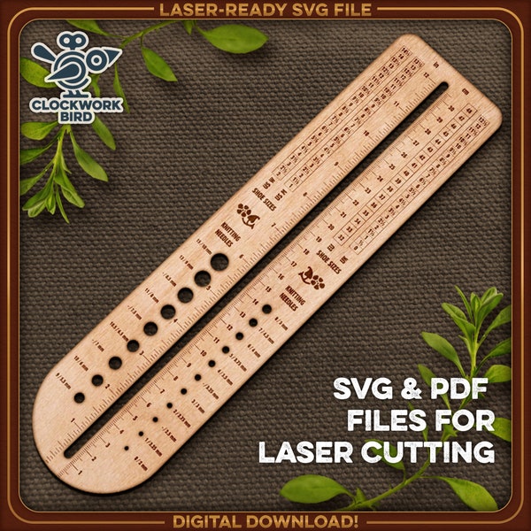 Sock knitting ruler design with knitting needle gauge - SVG file for laser cutting and engraving