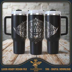 May include: A black stainless steel tumbler with a silver design featuring wings and the text "Love Potion".