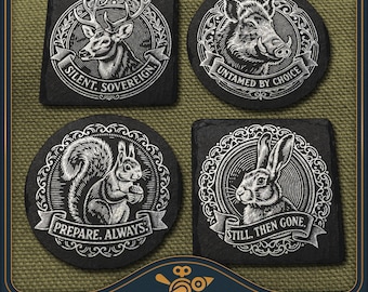 Forest Dwellers Coaster Set Laser Files: Vintage Slate Engraving Design (SVG, PDF, PNG)