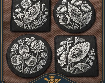 Ladybug Coaster Set Laser Files: Vintage Slate Engraving Design (SVG, PDF, PNG)