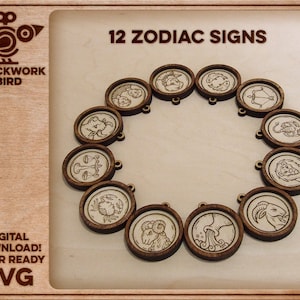 12 pingentes / medalhas / chaveiros de horóscopo com ilustrações do zodíaco desenhadas à mão - Arquivo exclusivo cortado a laser