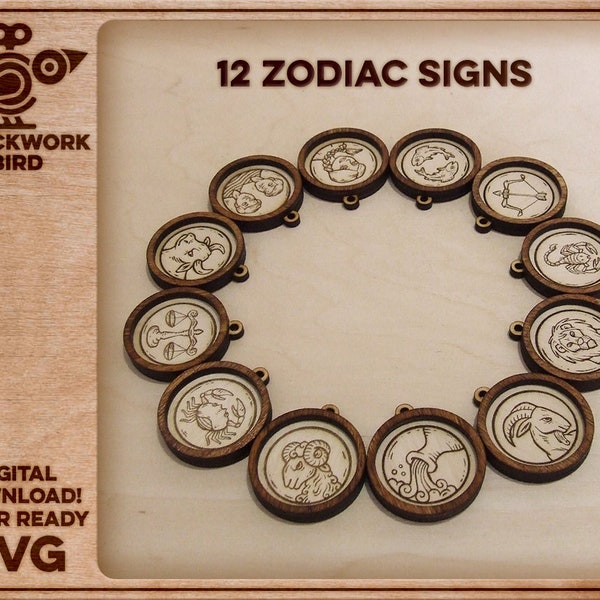 12 horoscope pendants / medals / keychains with hand-drawn zodiac illustrations - Unique laser cut file