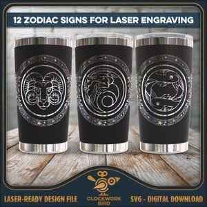 Paquete de archivos láser para vasos del zodíaco: 12 archivos SVG para envolver vasos del horóscopo, diseños de estilo de etiqueta vintage para grabado de vasos de 20 oz, 30 oz y 40 oz