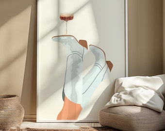 Martini Cowgirl Boots | Coastal Cowgirl Trendy Art | Preppy Dorm Decor | Aesthetic Cowgirl Prints | Trendy Bar Decor Printable Wall Art