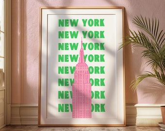 New York City Travel Print | Trendy Girly Decor | Pink NYC Travel Empire State Wall Art | Aesthetic Dorm Preppy Prints | DIGITAL Download