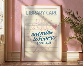 Ficha de biblioteca «De enemigos a amantes» / Decoración de libros moderna / Arte mural literario / Arte mural para clubes de lectura / Arte moderno con motivos literarios / Descarga digital