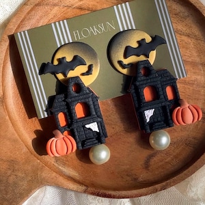 Polymer Clay Earrings,Pumpkin Earrings,Fall Earrings,Handmade Autumn Jewelry,Thanksgiving,Halloween Earrings,spooky ,Haunted house.