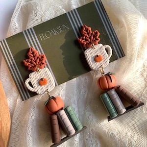 Polymer Clay Earrings,Pumpkin Earrings,Fall Earrings,Handmade Autumn Jewelry,Thanksgiving,Halloween Earrings,Bookshelf ,Book earrings.