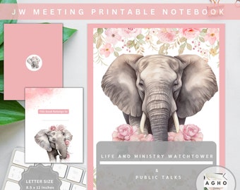 May include: Printable notebook cover featuring a watercolor illustration of an elephant with pink flowers. The cover also includes the text "JW Meeting Printable Notebook", "Life and Ministry Watchtower", "& Public Talks", and "This Book Belongs To". The notebook is letter size, 8.5 x 11 inches.