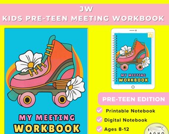 May include: A blue and pink roller skate with rainbow stripes and white flowers. The text "My Meeting Workbook" is on the front of the skate. The text "Pre-Teen Edition" is below the image of the skate. The text "Printable Notebook", "Digital Notebook", and "Ages 8-12" are listed below the text "Pre-Teen Edition".