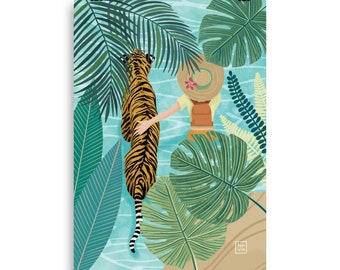 Stampa artistica di tigre e ragazza nella giungla - Illustrazione di safari botanico