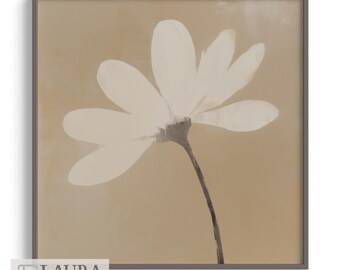 Quadro decorativo com uma única flor branca, estampa botânica minimalista, estilo casa de campo.