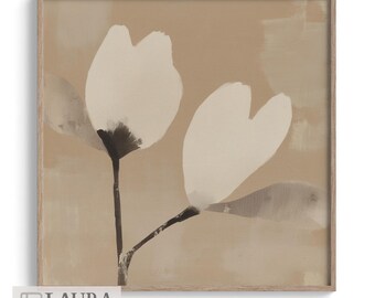 Quadro de parede com flores brancas, estampa botânica neutra, decoração moderna de fazenda.