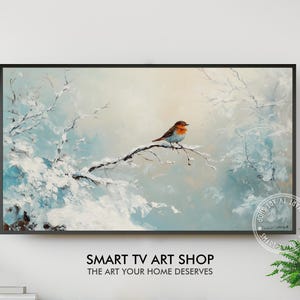Monet Styled Winter Robin Frame TV Art, Snowy Branch Painting for Smart TVs, Winter Decor, Samsung Frame TV Art, Bird Art, Digital (M60)