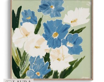 Arte de parede para jardim em azul e branco, estilo cottagecore, decoração alegre de verão.