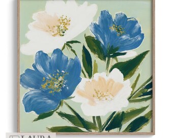 Quadro decorativo floral para parede, estilo cottagecore, decoração fresca de primavera em azul e branco.