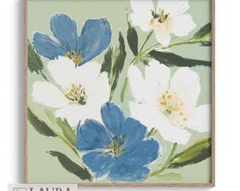 Blue and White Floral Wall Art, Fresh Cottagecore Print, Cozy Spring Farmhouse Decor
