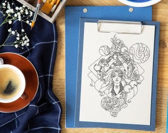 May include: A top-down view of an art scene. A blue clipboard holds a black and white illustration of a woman with swirling hair and floral elements. A wooden box with paintbrushes, a cup of coffee, and a plate of cookies are also visible.