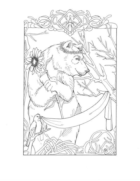 Download Printable Bear Holding Sunflower Coloring Page Adult Coloring Etsy