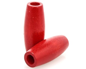 May include: Two red wooden beads, one stacked on top of the other. The beads are oval shaped and have a smooth, glossy finish.