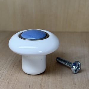 Vintage White and Blue Porcelain Drawer and Cabinet Pull/Knob with Silver Metal Ring