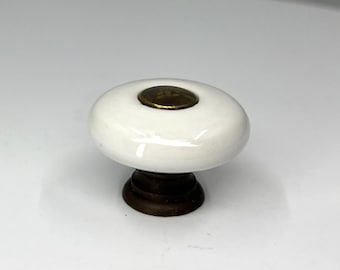 White Porcelain and Brass Drawer and Cabinet Pull/Knob - 1 1/4" Round x 7/8" high